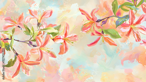 A painting of a pink flower with a blue background