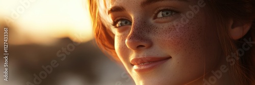 Captivating sunset glow enhances the beauty of a freckled girl with captivating green eyes and a gentle smile