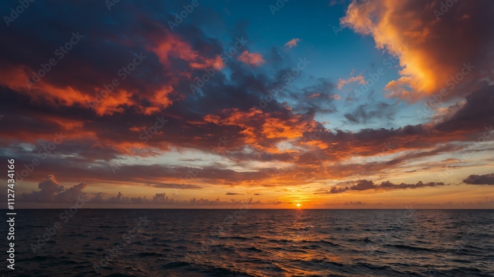 Naklejka premium spectacular sunset over the sea, with red, yellow and orange clouds