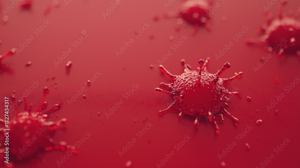 Red virus-like droplets on a vibrant red background. Macro shot of liquid shapes resembling microscopic organisms. Red virus-like droplets on a vibrant red background. Macro shot of liquid shapes resembling microscopic organisms.