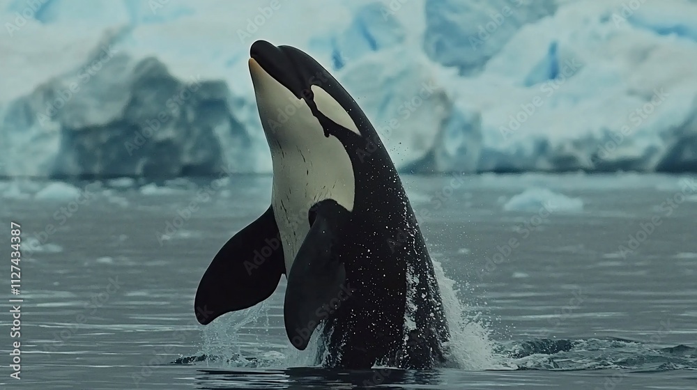 Fototapeta premium Orca breaching in icy Antarctic waters.