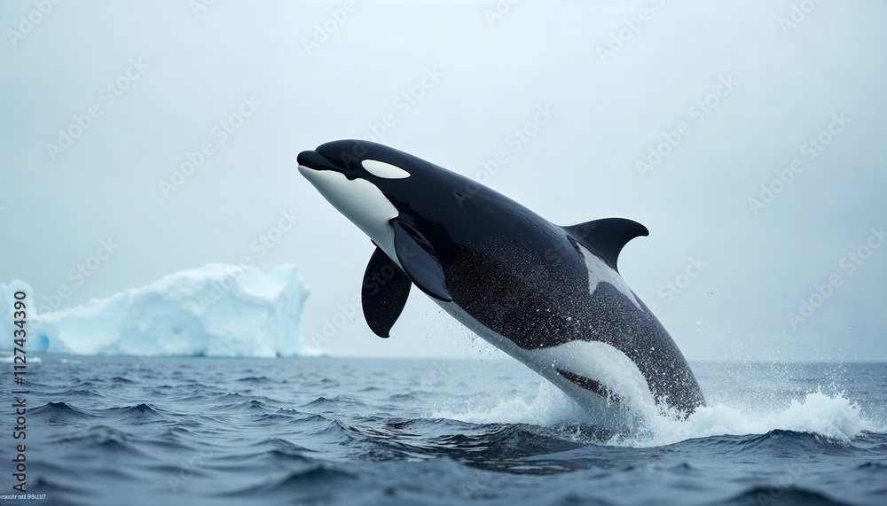 Fototapeta premium Orca whale breaching in icy ocean waters with icebergs