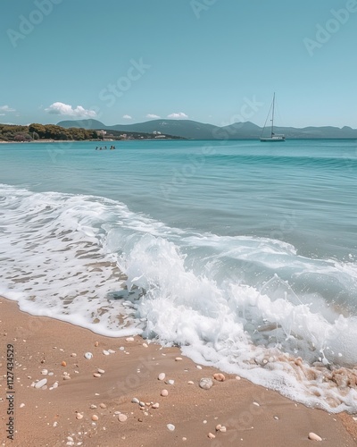 Majestic ocean wave crashing into azure waters under a clear sky, showcasing nature s beauty photo