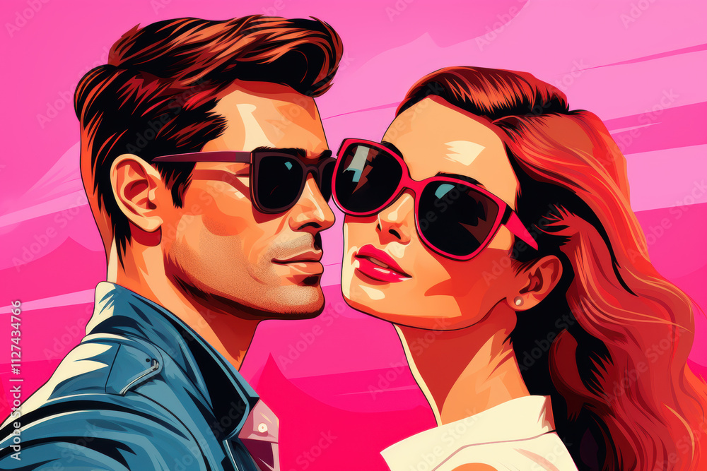 A retro pop art couple portrait with a romantic vibe, featuring the duo in matching sunglasses, with vibrant comic-style outlines A retro pop art couple portrait with a romantic vibe, featuring the duo in matching sunglasses, with vibrant comic-style outlines