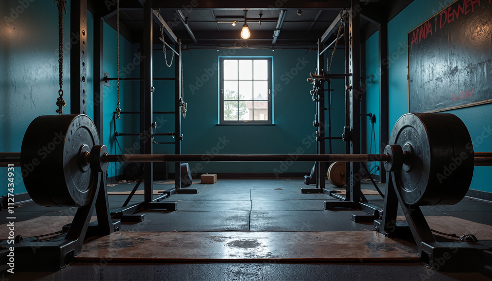Obraz premium Industrial-style gym featuring a barbell and weightlifting equipment in a spacious training area