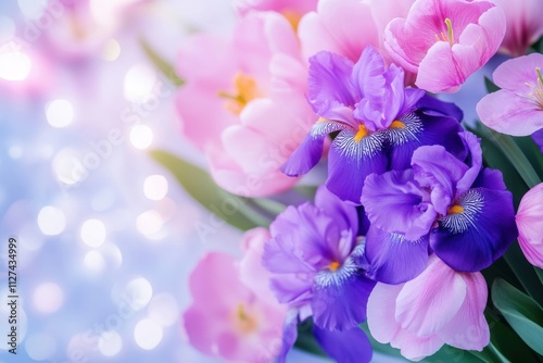 Lush garden featuring vibrant purple irises, striking magenta tulips, and delicate pink cherry blossoms illuminated by soft morning light