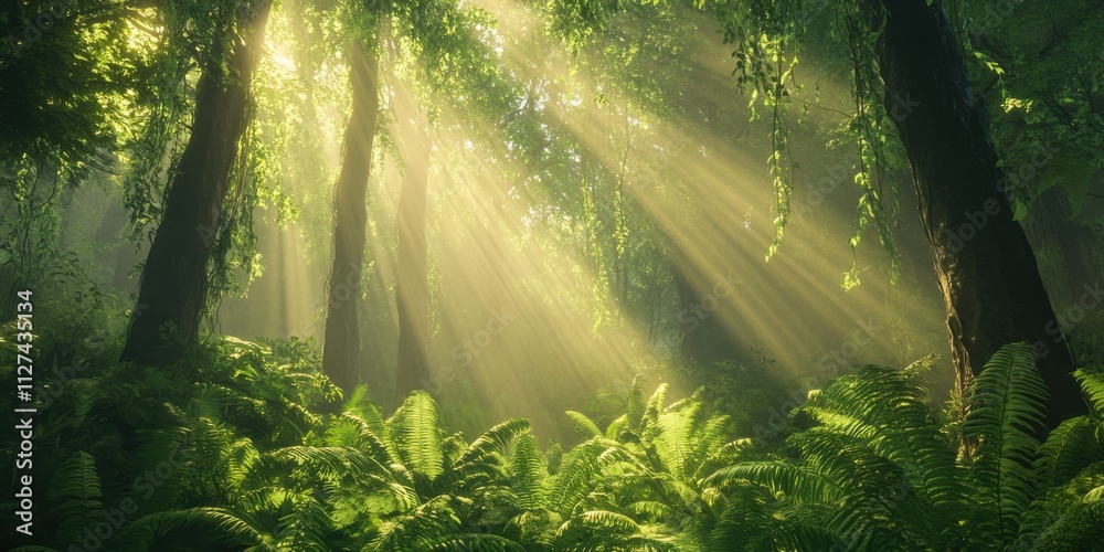 Obraz premium Golden sunlight filtering through dense forest