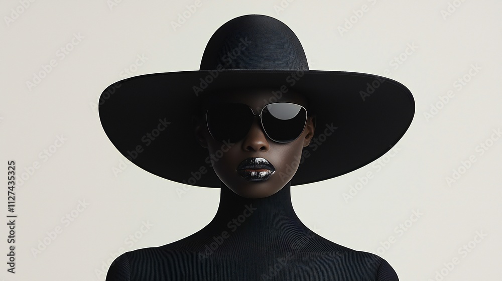 Stylish Woman in Black Hat and Sunglasses Fashion Portrait
