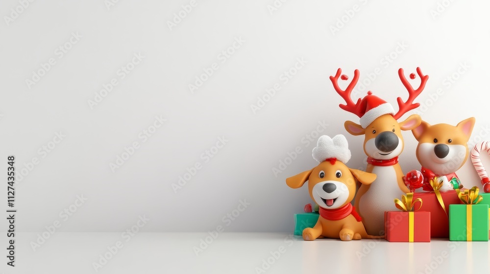 Fototapeta premium Christmas Reindeer Dogs and Presents - Festive 3D of a reindeer, two dogs, and gifts. Symbolizing joy, celebration, togetherness, warmth, and the holiday season.
