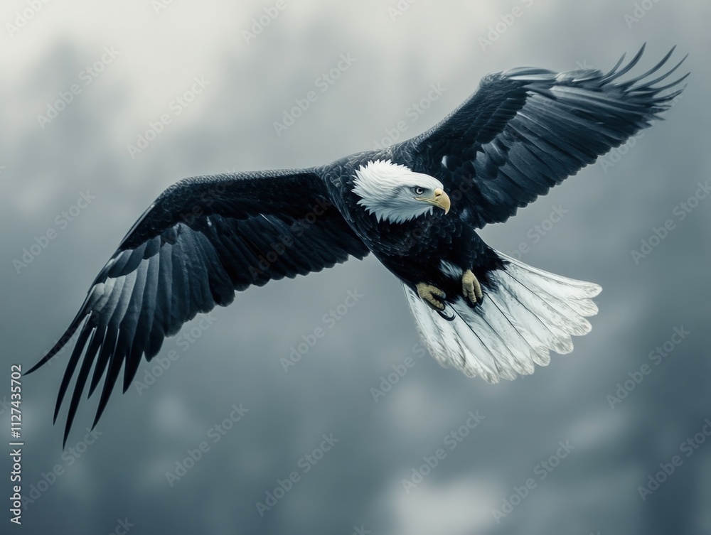 Majestic bald eagle in flight, foggy background. Majestic bald eagle in flight, foggy background.