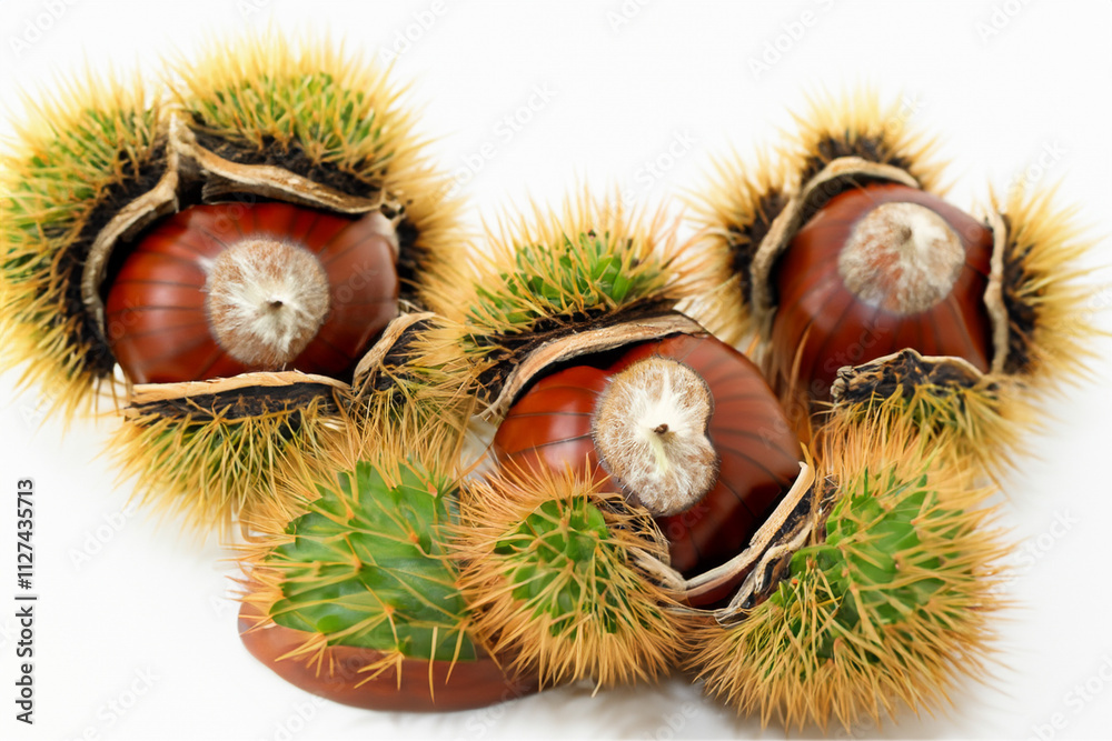 Group of chestnuts with spines on them. Green chestnut with white background. A prickly nut lying on a white background. A prickly green nut lying on lifestyle a white background. Group of chestnuts with spines on them. Green chestnut with white background. A prickly nut lying on a white background. A prickly green nut lying on lifestyle a white background.