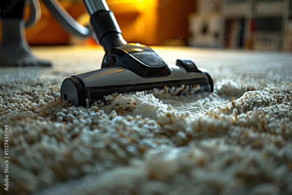 A detailed look at a person using a vacuum cleaner to deep clean a stained carpet A detailed look at a person using a vacuum cleaner to deep clean a stained carpet
