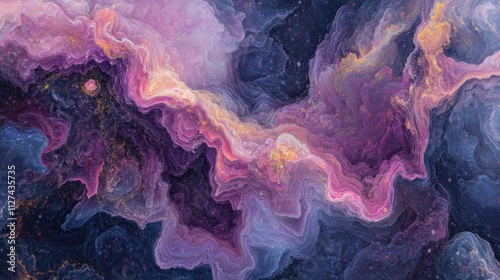 A richly detailed digital painting of a cosmic nebula with swirling clouds of pink and purple. photo