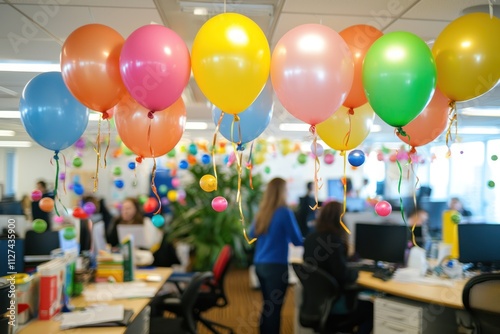 Balloons and festive decorations fill a lively office space as colleagues gather to celebrate a work anniversary, creating a warm and joyful environment.