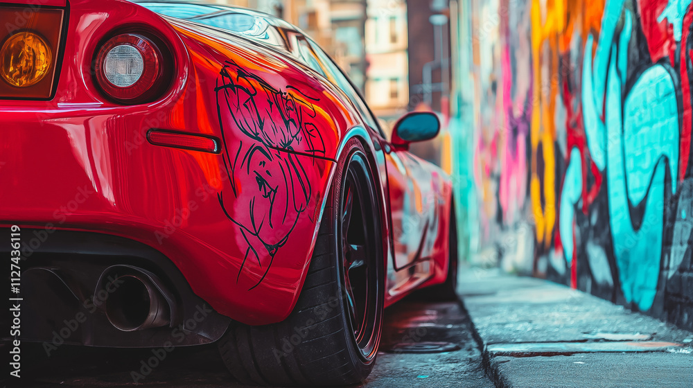 Fototapeta premium Unique red sports car with graffiti-style design on rear bumper, parked near a vibrant urban graffiti wall