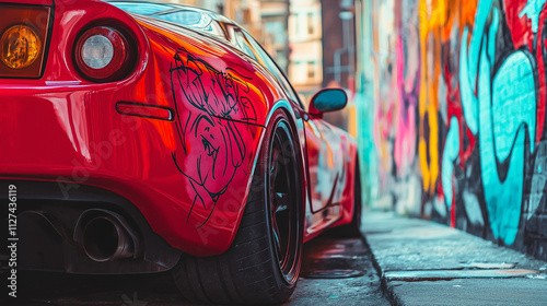 Unique red sports car with graffiti-style design on rear bumper, parked near a vibrant urban graffiti wall
