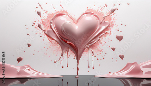 A 3D digital art piece showing a soft pink heart shape with liquid pink hearts and drips emerging from it against a light gray background.