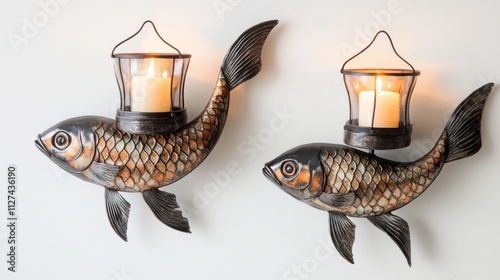 Pair of ornate fish-shaped candle wall sconces with glass lanterns. photo