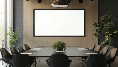 Blank white screen mockup positioned in a sophisticated conference room for a professional presentation