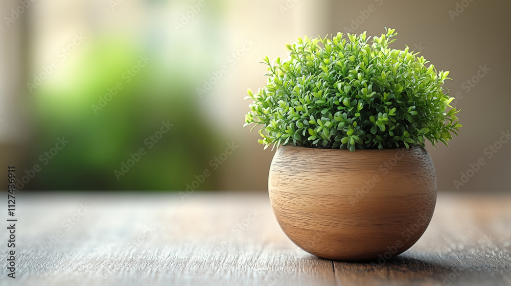 Elegant Green Plant in Wooden Pot on Wooden Table Surface Elegant Green Plant in Wooden Pot on Wooden Table Surface