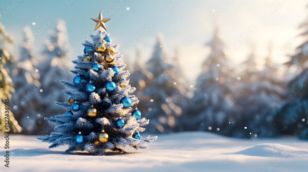 Magical Snow-Covered Christmas Tree with Blue and Gold Decorations Under Bright Sunlight in a Winter Forest Scene