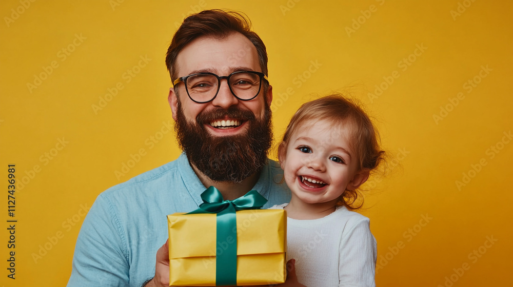 Happy Father and Daughter Holding Gift Yellow Background Family Love Joy Happy Father and Daughter Holding Gift Yellow Background Family Love Joy