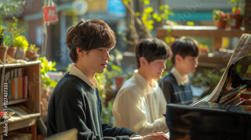 Music students at a music school practicing singing and playing piano together, embracing their love for music