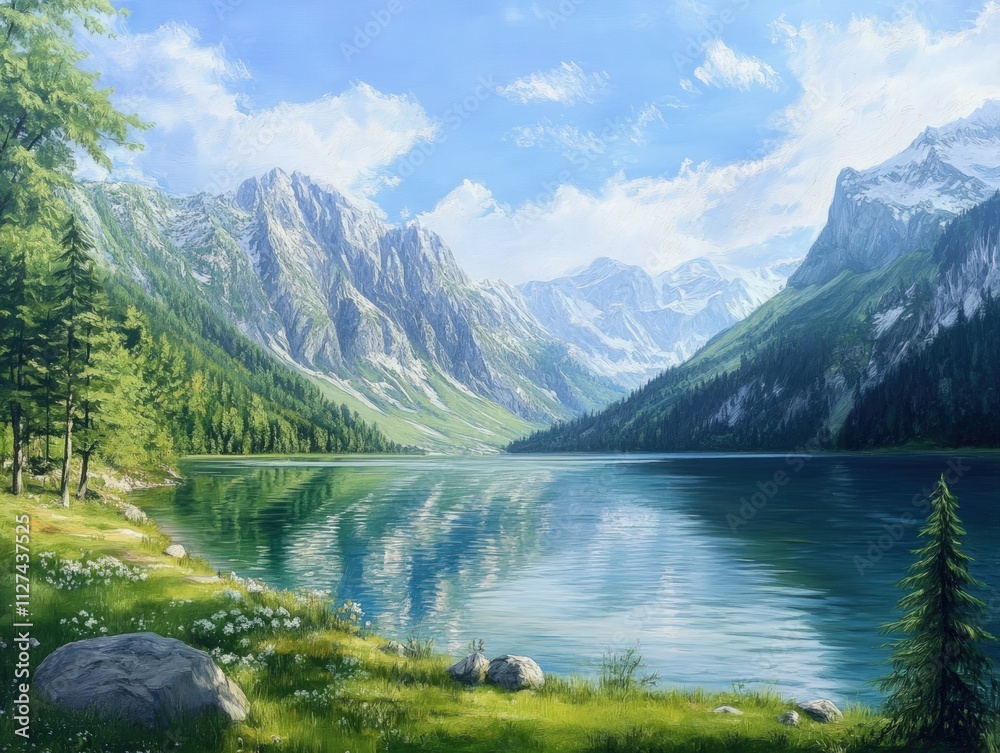 Serene alpine lake, majestic mountains, tranquil scene. Serene alpine lake, majestic mountains, tranquil scene.