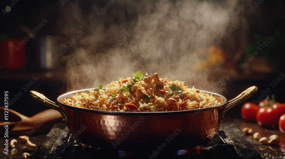 Levitating biryani dish in copper bowl Levitating biryani dish in copper bowl
