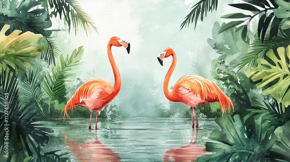 Fototapeta premium Tropical Paradise Two Flamingos in Lush Foliage Watercolor Art