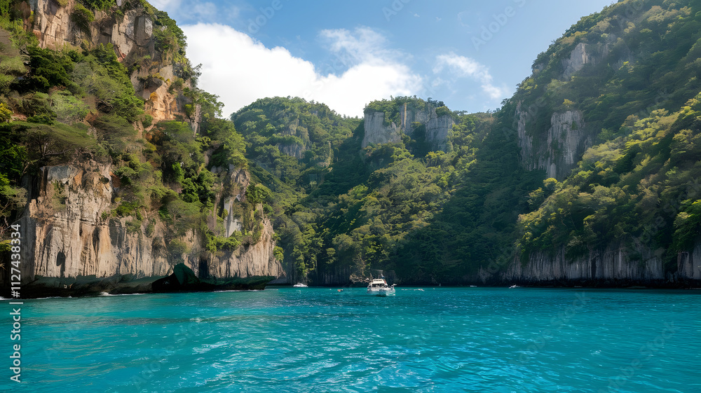 A hidden cove with turquoise water surrounded by tall, lush cliffs A hidden cove with turquoise water surrounded by tall, lush cliffs