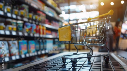 Mini shopping cart on a laptop in a grocery store photo