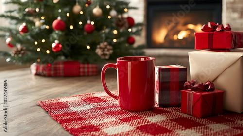 Red cup and wrapped gifts set near a festive tree for a cozy holiday setting. high quality