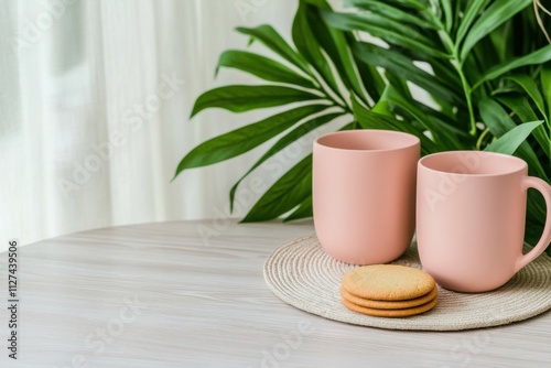 Morning coffee setup featuring coral mugs, beige cookies, and lush plants on a vintage wooden table