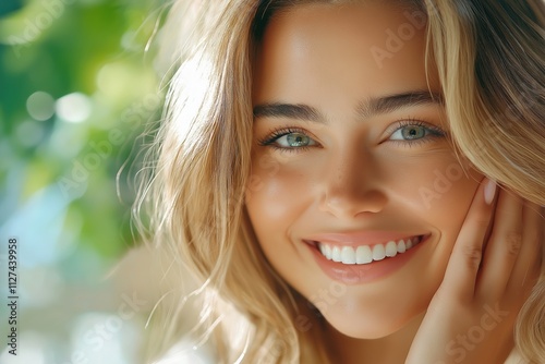 Smiling blonde woman with green eyes against nature backdrop. Natural beauty concept