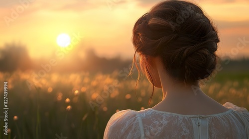 A romantic updo with long strands elegantly falling around the shoulders, set against a soft sunset,