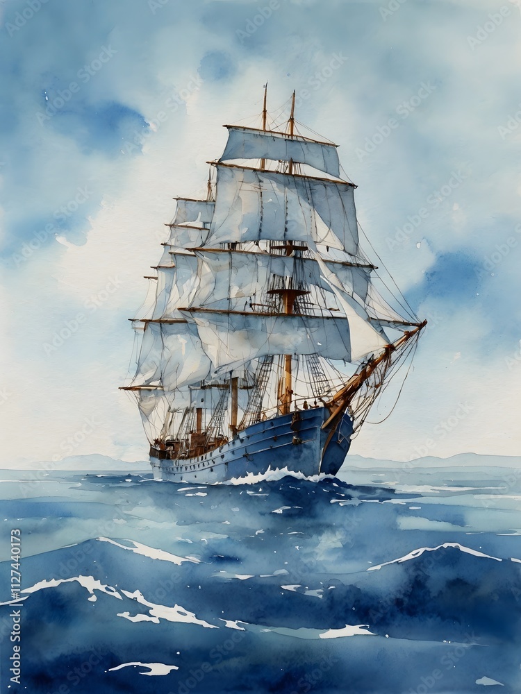 Sailing the Waves: A Watercolor Painting of a Schooner at Sea Sailing the Waves: A Watercolor Painting of a Schooner at Sea