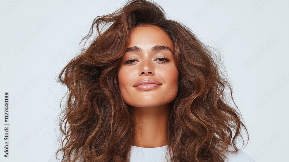 Woman with voluminous brown hair and glowing skin on white background. Beauty model concept Woman with voluminous brown hair and glowing skin on white background. Beauty model concept