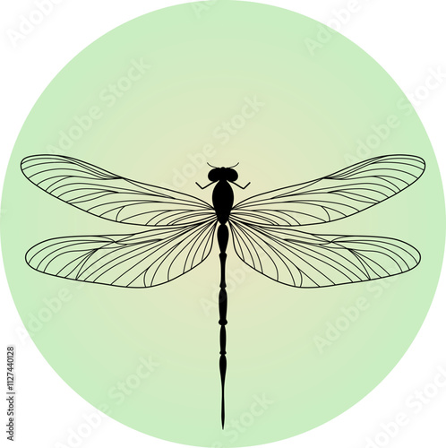 dragonfly logotype. Black line art dragonfly on a green circle background.
