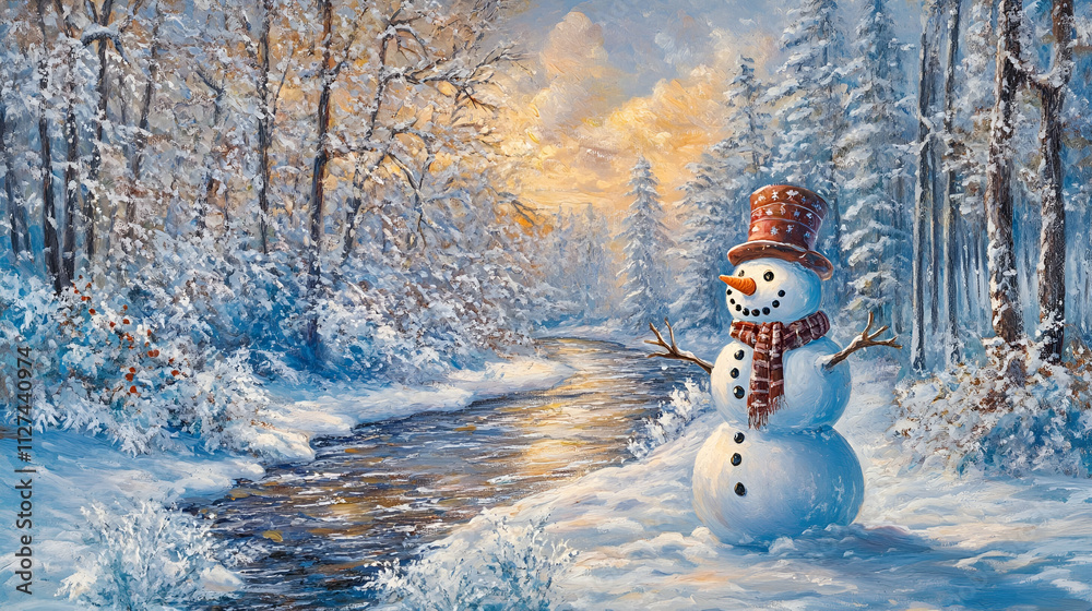 Fototapeta premium Winter Wonderland greeting card with Merry Christmas and Happy New Year wishes, featuring a joyful snowman in a snowy landscape