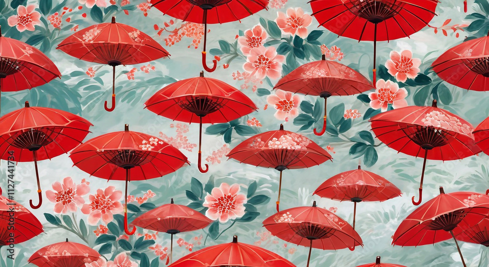 Naklejka premium Elegant red chinese umbrellas with floral patterns creating an asian-inspired backdrop