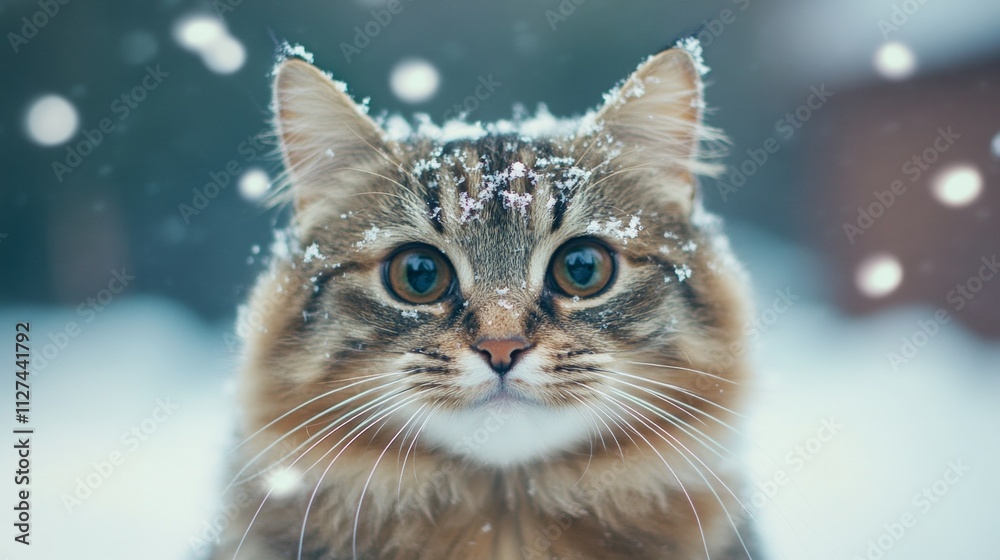 A fluffy cat sits calmly in the snow, its fur dusted with delicate snowflakes. The background features a serene winter landscape, showcasing the beauty of a tranquil snowy day A fluffy cat sits calmly in the snow, its fur dusted with delicate snowflakes. The background features a serene winter landscape, showcasing the beauty of a tranquil snowy day
