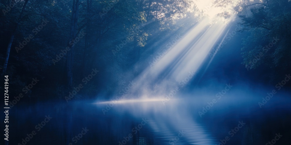 Misty serene scene with ethereal blue light Misty serene scene with ethereal blue light