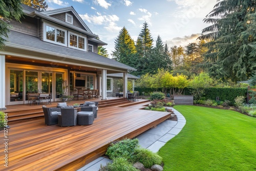 A Craftsman home with a large backyard featuring a wooden deck, outdoor furniture, and lush landscaping, perfect for family gatherings