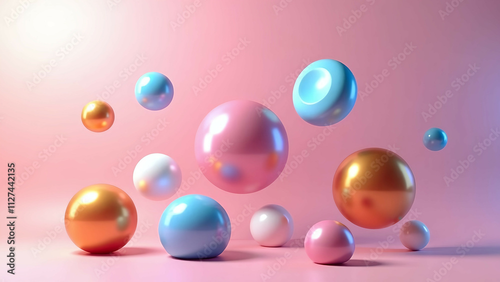 Glossy metallic figures floating against a soft gradient background in a vibrant 3D abstract composition. Glossy metallic figures floating against a soft gradient background in a vibrant 3D abstract composition.