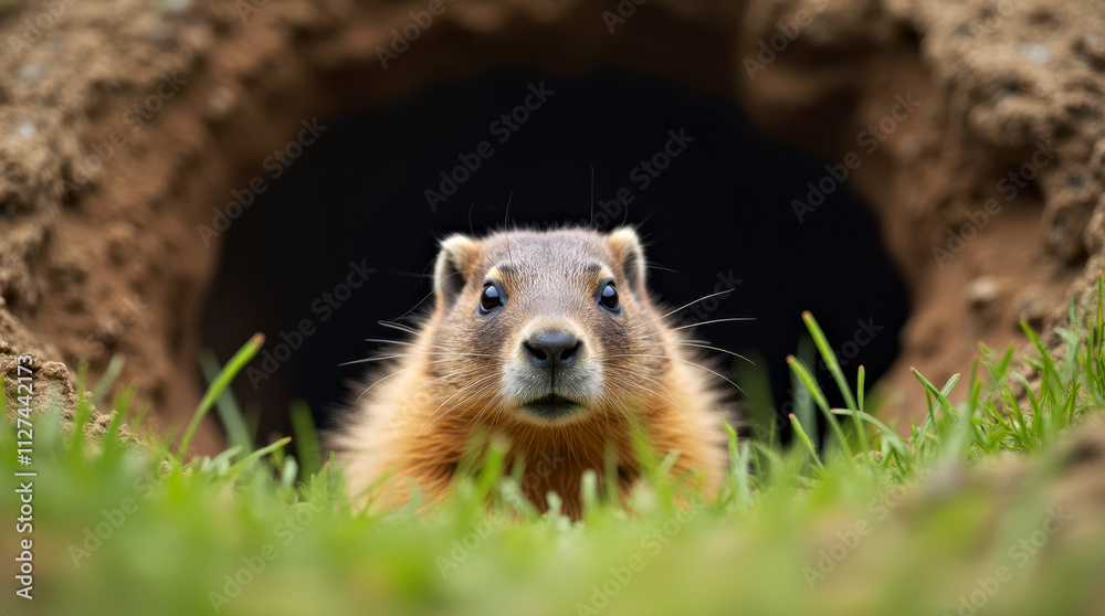 Fototapeta premium Curious Groundhog in Burrow with Green Grass Foreground.Groundhog Day Concept