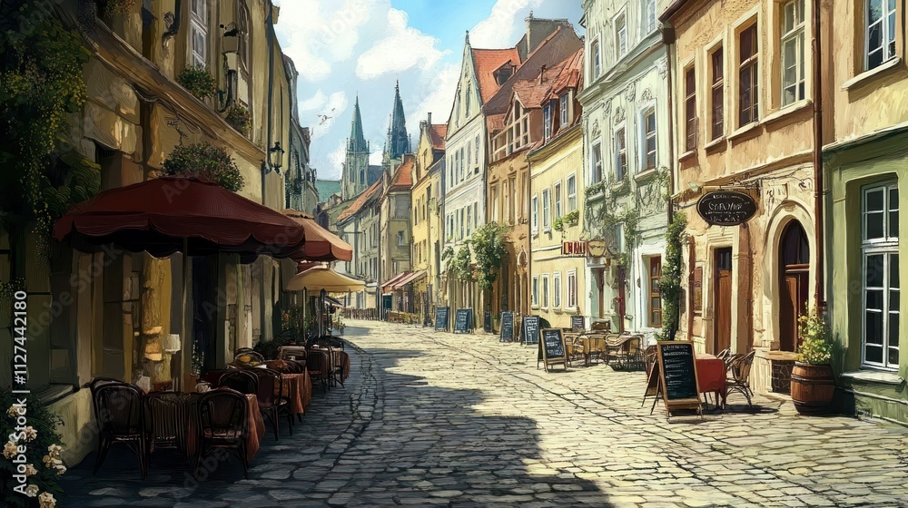 Fototapeta premium Charming cobblestone street with cafes and buildings.