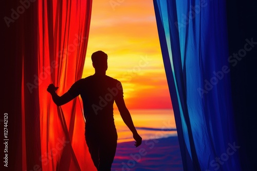 A silhouette of a man pulling a curtain aside to reveal a vibrant world, symbolizing new beginnings.
