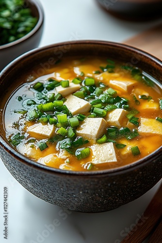 top view of bowl of miso soup with tofu and green onions representing japanese comfort food