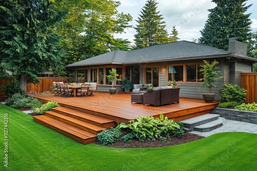 A Craftsman home with a large backyard featuring a wooden deck, outdoor furniture, and lush landscaping, perfect for family gatherings